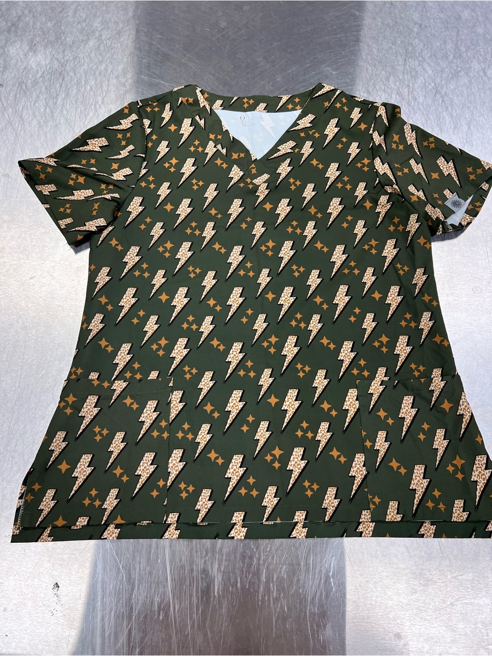 Spurrin Scrubs Women’s V-Neck Short Sleeve— Olive Green Animal Lightning Print L